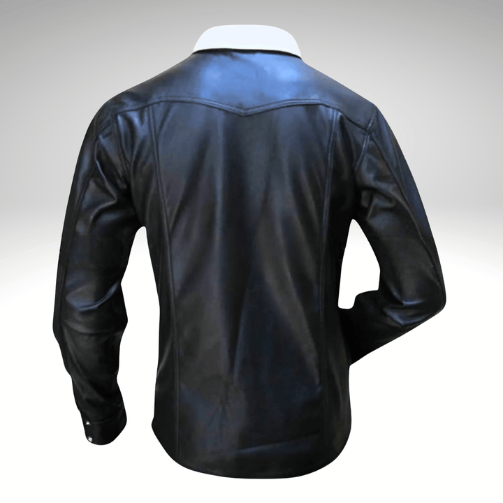 Men’s leather shirt,
Black leather shirt,
Genuine leather shirt,
Leather dress shirt men,
Leather button down shirt,
Long sleeve leather shirt,
Men’s black leather shirt,
White contrast collar shirt,
Leather casual shirt men,
Real leather shirt for men,
Stylish leather shirt,
Leather fashion shirt,
Designer leather shirt men,
Leather shirt with pocket,
Men’s black genuine leather shirt with white collar,
Black leather shirt for casual and formal wear,
Real leather shirt with button placket and pocket,