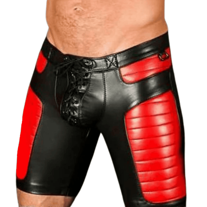 men’s leather shorts,
black and red leather shorts,
biker leather shorts,
fetish leather shorts,
real leather biker shorts,
lace-up leather shorts,
quilted panel leather shorts,
men’s fetish wear,
clubwear leather shorts,
cosplay leather shorts,
genuine leather shorts,
men’s motorcycle shorts,
designer leather shorts,
bold style leather shorts,
leather gym shorts,
premium leather shorts for men,
leather shorts for parties,
custom leather shorts,
fetish clubwear shorts,
biker club leather shorts,