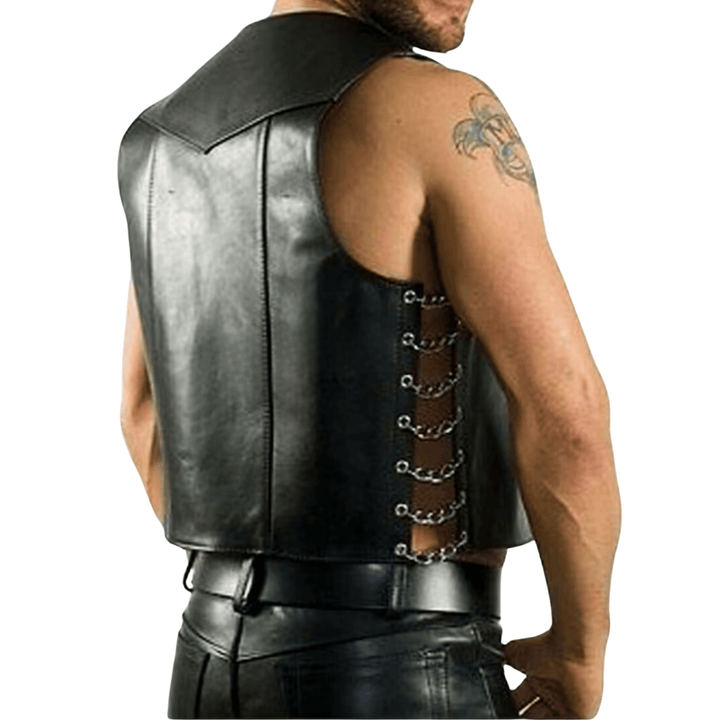 mens leather vest,
black leather vest,
leather biker vest,
chain side vest,
fetish leather vest,
genuine leather vest,
clubwear leather vest,
sleeveless leather vest,
cosplay leather vest,
gothic leather vest,
festival leather vest,
punk leather vest,
rocker leather vest,
edgy leather vest,
handmade leather vest,