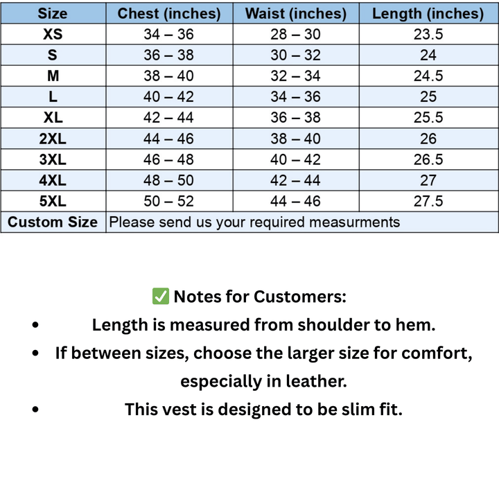 Size Chart For Men’s Black Leather Zipper Vest