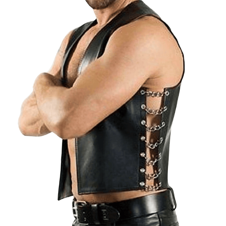 Men’s leather vest,
Black leather vest,
Leather vest with chains,
Genuine leather vest,
Fetish leather vest,
Biker leather vest,
Clubwear leather vest,
Leather chain vest men,
Leather fetish clubwear,
Cosplay leather vest,
Sleeveless leather vest,
Real leather biker vest,
Men’s black leather vest with chain sides,
Genuine leather biker vest for men,
Fetish style sleeveless leather vest,
Clubwear genuine leather vest for men,
Black leather vest for cosplay and nightlife,