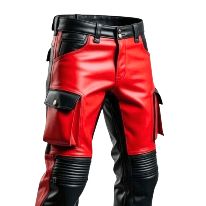 Real leather cargo pants,
Men’s red and black two-tone leather pants,
Genuine leather biker pants with cargo pockets,
Stylish cosplay leather pants for festivals,
Handmade red black leather trousers men,
Custom fitted leather motorcycle pants,
Alternative fashion leather pants for men,
Designer biker leather pants with reinforced knees,
Burning Man red and black leather pants,
Real leather cosplay trousers with cargo pockets,
Clubwear statement red and black leather pants,