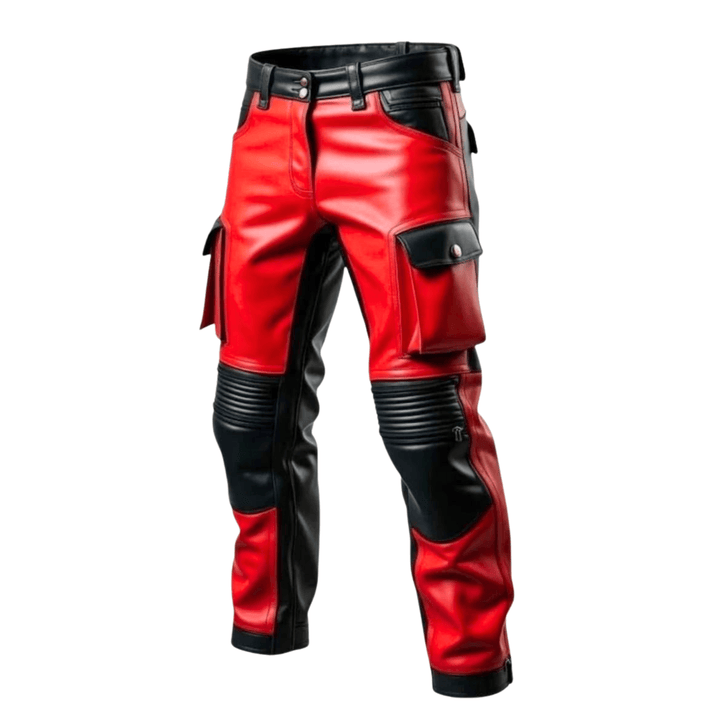 red black leather pants,
mens biker leather pants,
cosplay leather trousers,
festival leather pants,
gothic leather pants men,
rocker punk leather pants,
burning man outfit pants,
handmade leather pants men,
cargo pocket leather pants,
two tone leather pants men,
clubwear leather pants,
custom leather pants men,
motorcycle leather trousers,