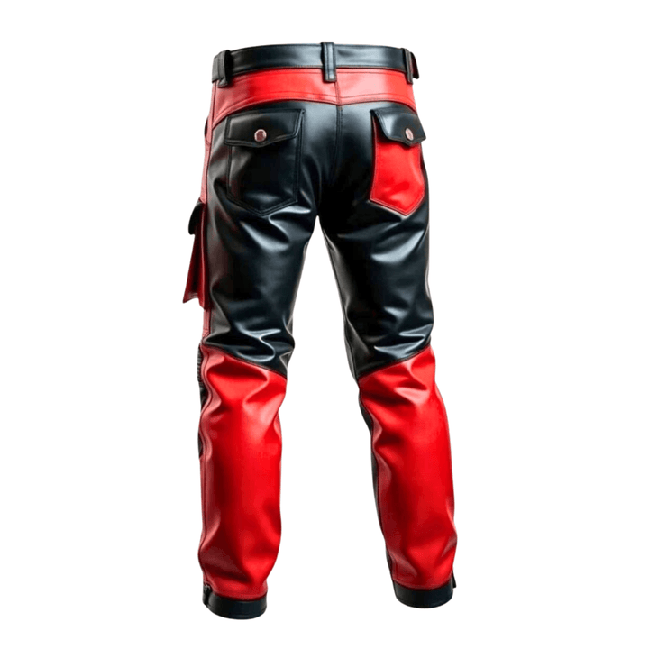 cargo leather pants men,
festival leather trousers,
alternative fashion pants,
custom leather pants men,
cosplay red black pants,
biker clubwear leather pants,
Stylish men’s leather pants,
Two-tone biker leather trousers,
Durable leather pants with pockets,
Alternative cosplay leather pants,
High-quality genuine leather pants,
Men’s leather festival outfits,
Leather pants with knee panels,
Black and red designer pants men,
Clubwear leather trousers,
Real leather cargo pants,