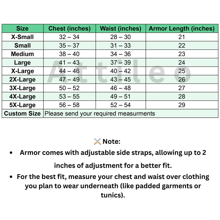 Size chart for armor with measurements in inches