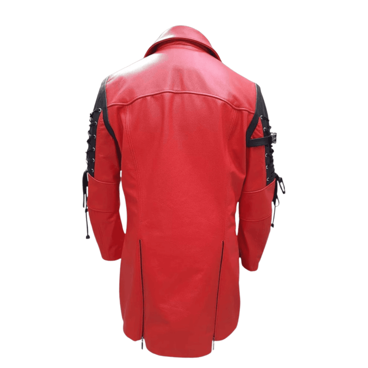 cosplay trench coat for steampunk or superhero look,
red leather coat with lace-up arms and zip front,
men’s red and black faux leather long jacket for Halloween,
red trench coat for comic con costume,
leather vampire coat red and black,
men’s long leather costume coat with metal buckles,
dual-tone leather cosplay jacket,
fantasy red trench coat for gothic style,
genuine leather cosplay coat,
comic con costume coat,
vampire cosplay jacket,
alternative fashion trench coat,