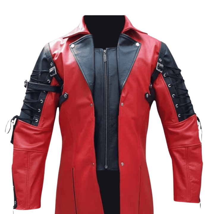 red leather trench coat,
men’s leather trench coat,
gothic leather coat,
cosplay leather jacket,
steampunk leather trench coat,
superhero leather coat,
long leather coat men,
punk leather jacket,
red cosplay jacket,
black and red leather coat,
trench coat with buckles,
lace-up sleeve jacket,
gothic cosplay coat,
red biker jacket,
red punk trench coat,
fantasy costume leather jacket,