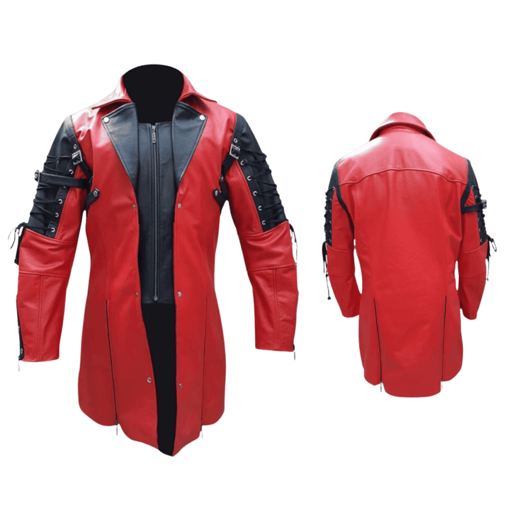 red leather trench coat,
men’s leather trench coat,
gothic leather coat,
cosplay leather jacket,
steampunk leather trench coat,
superhero leather coat,
long leather coat men,
punk leather jacket,
red cosplay jacket,
black and red leather coat,
trench coat with buckles,
lace-up sleeve jacket,
gothic cosplay coat,
red biker jacket,
red punk trench coat,
fantasy costume leather jacket,
zip front leather coat,