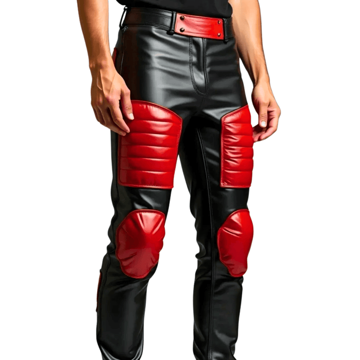 premium motorcycle leather pants,
men’s fashion leather pants,
black and red motorcycle gear,
leather pants for cosplay,
stylish biker leather trousers,
padded leather pants men,
men’s designer leather pants,
two-tone leather pants,
leather motorbike trousers,
men’s black and red padded genuine leather biker pants,
custom-made leather motorcycle pants for men,
real leather slim fit biker pants with red panels,
men’s two-tone leather pants for cosplay or riding,
high-quality genuine leather pants for bikers,
