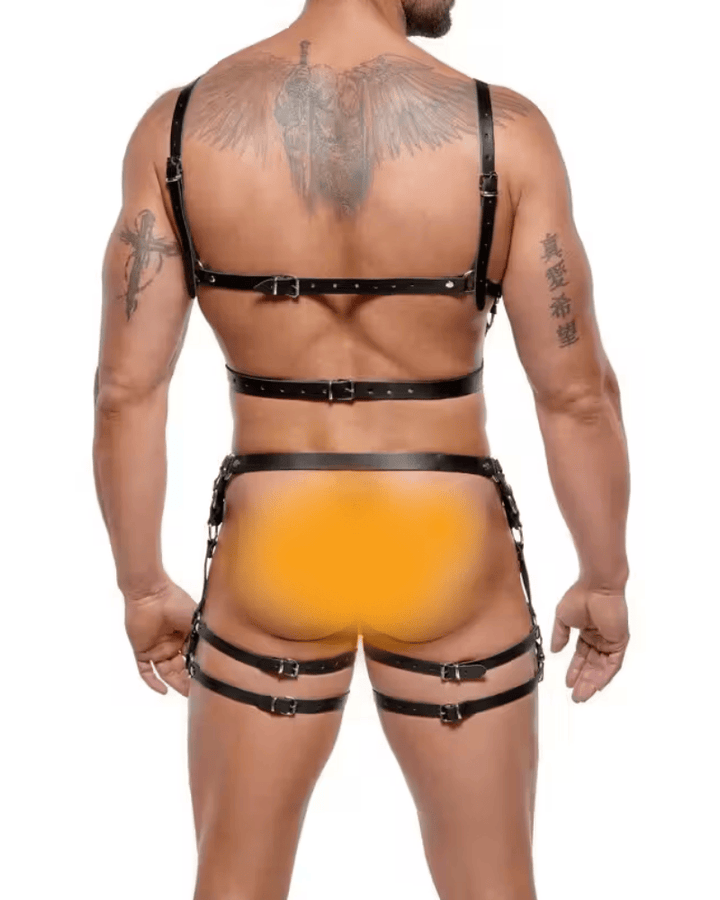 men’s leather harness,
BDSM outfit for men,
fetish wear for men,
sexy men’s lingerie,
gay pride outfit,
men’s bondage harness