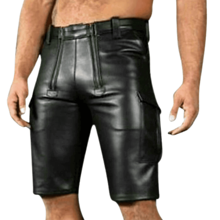 Men Pure Leather Handmade Cargo Shorts with Double Zip Front - Attileo Handmade Adult Leather Products