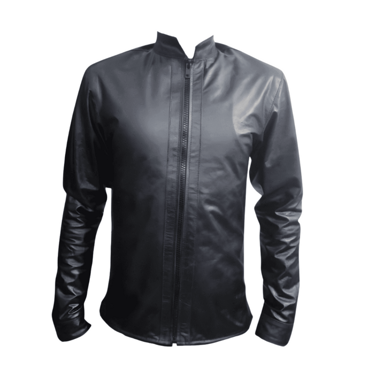 Mens Black Leather Long Sleeve Tunic Shirt with Front Zip Closure