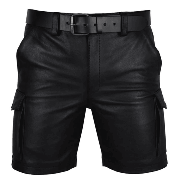mens black leather shorts, mens leather shorts, mens leather cargo shorts, black leather shorts