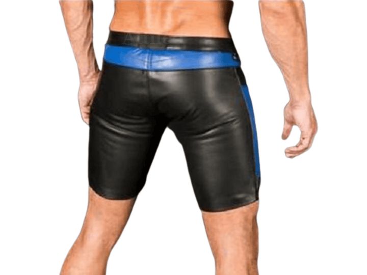 men’s leather shorts,
black and blue leather shorts,
biker leather shorts,
fetish leather shorts,
real leather biker shorts,
lace-up leather shorts,
quilted panel leather shorts,
men’s fetish wear,
clubwear leather shorts,
cosplay leather shorts,
genuine leather shorts,
men’s motorcycle shorts,
designer leather shorts,
bold style leather shorts,
leather gym shorts,
premium leather shorts for men,
leather shorts for parties,
custom leather shorts,
fetish clubwear shorts,
biker club leather shorts,