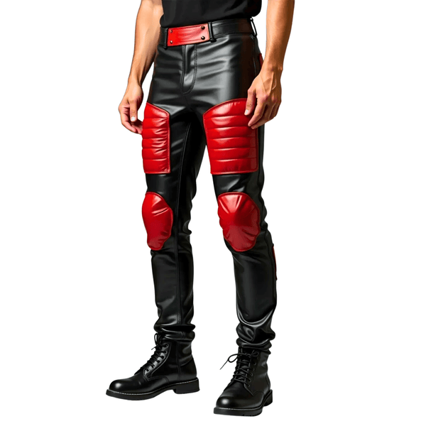 Men’s black and red genuine leather biker pants with padded knees and thighs – slim fit motorcycle riding trousers