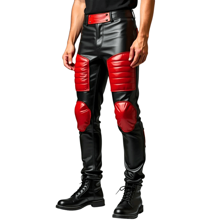 Men’s black and red genuine leather biker pants with padded knees and thighs – slim fit motorcycle riding trousers