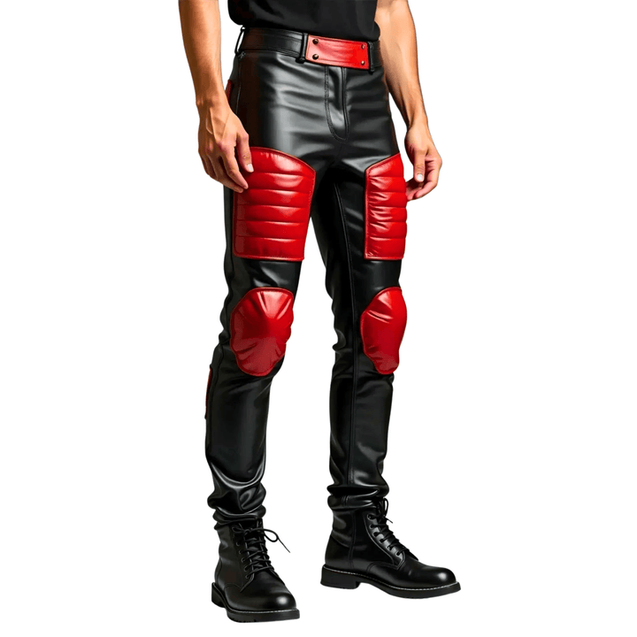 men’s black and red leather pants,
padded leather biker pants,
genuine leather motorcycle pants,
black and red biker trousers,
men’s leather riding pants,
real leather pants for men,
red patch leather pants,
slim fit leather biker pants,
handmade leather biker pants,
premium motorcycle leather pants,
two-tone leather pants,