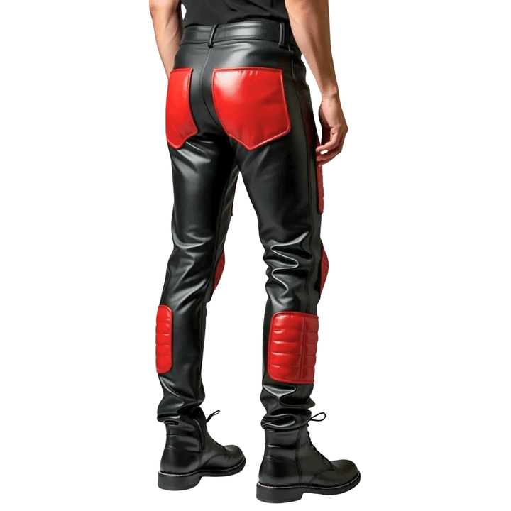 men’s black and red leather pants,
padded leather biker pants,
genuine leather motorcycle pants,
black and red biker trousers,
men’s leather riding pants,
real leather pants for men,
red patch leather pants,
slim fit leather biker pants,
handmade leather biker pants,
premium motorcycle leather pants,