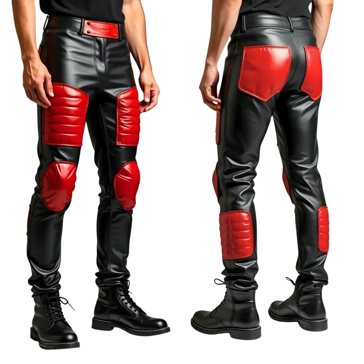 men’s black and red leather pants,
padded leather biker pants,
genuine leather motorcycle pants,
black and red biker trousers,
men’s leather riding pants,
real leather pants for men,
red patch leather pants,
slim fit leather biker pants,
handmade leather biker pants,
premium motorcycle leather pants,
men’s fashion leather pants,
black and red motorcycle gear,
leather pants for cosplay,
stylish biker leather trousers,
padded leather pants men,
men’s designer leather pants,
two-tone leather pants,