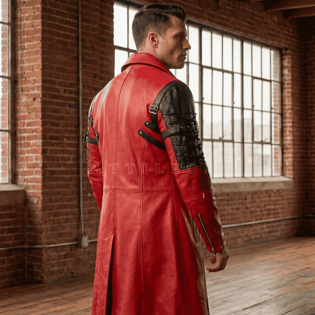 Men's Red & Black Leather Long Coat – Attileo Leather USA