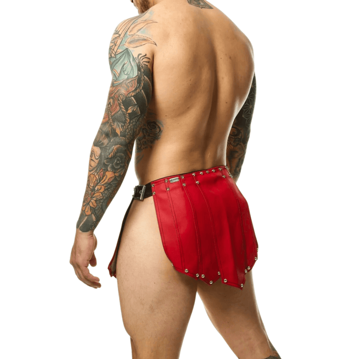 handmade real leather roman warrior kilt,
authentic leather gladiator armor skirt for men,
premium red leather kilt for costume and cosplay,