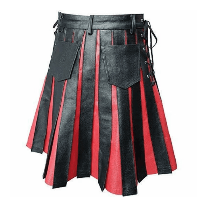 Men Red and Black Real Leather Gladiator Pleated Utility Kilt - Attileo Handmade Adult Leather Products