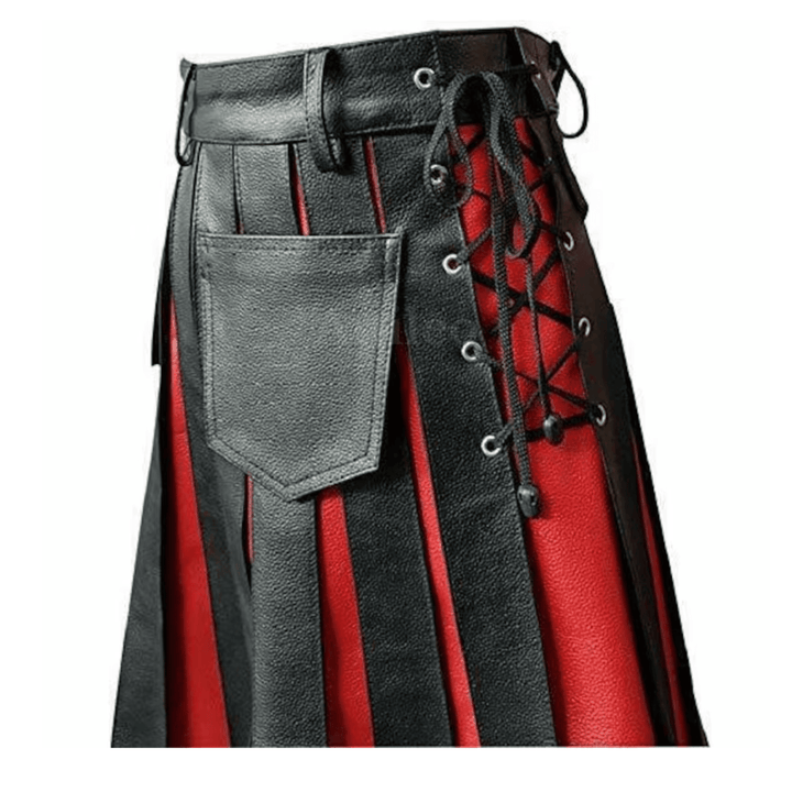 Men Red and Black Real Leather Gladiator Pleated Utility Kilt - Attileo Handmade Adult Leather Products