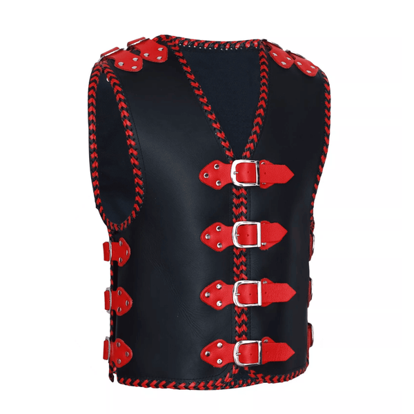 Mens Red and Black Genuine Leather Biker Waistcoat Vest with Buckles