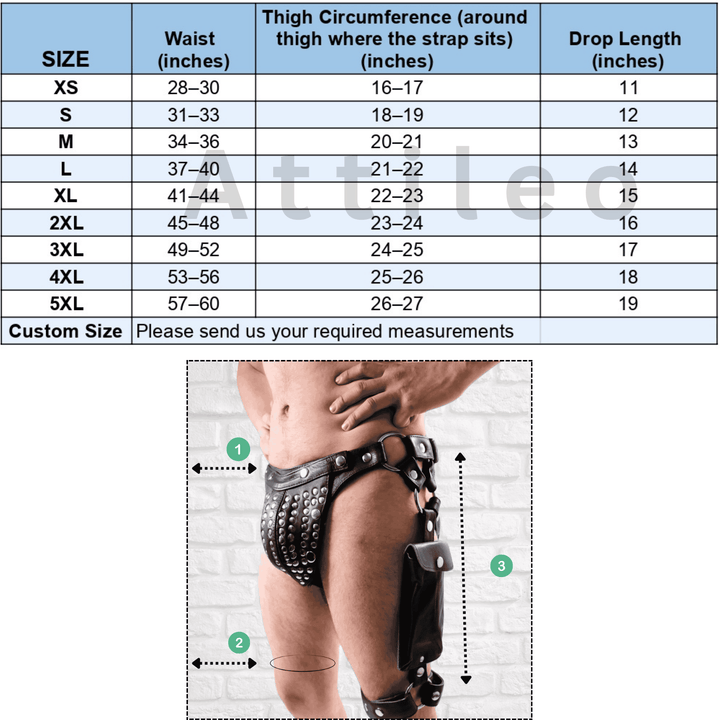 Measurement chart for a leather jockstrap harness.