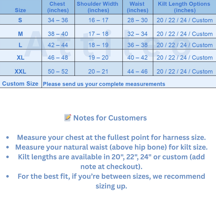 Size chart for kilt  and harness