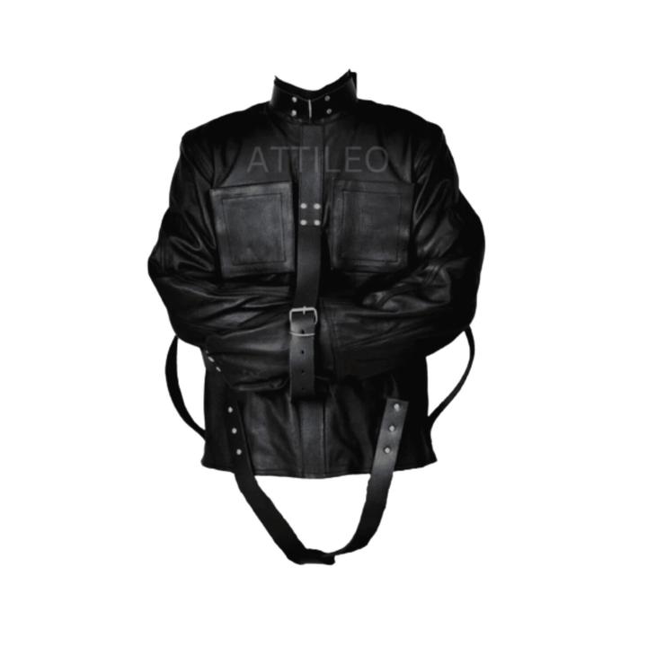 Mens Black Bondage Bdsm Fetish Restriction Strait Leather Jacket - Attileo Handmade Adult Leather Products