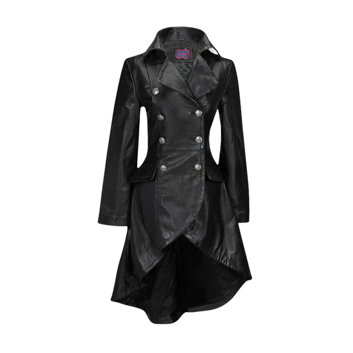 Black Genuine Leather Victorian Trench Leather Coat for Women 
