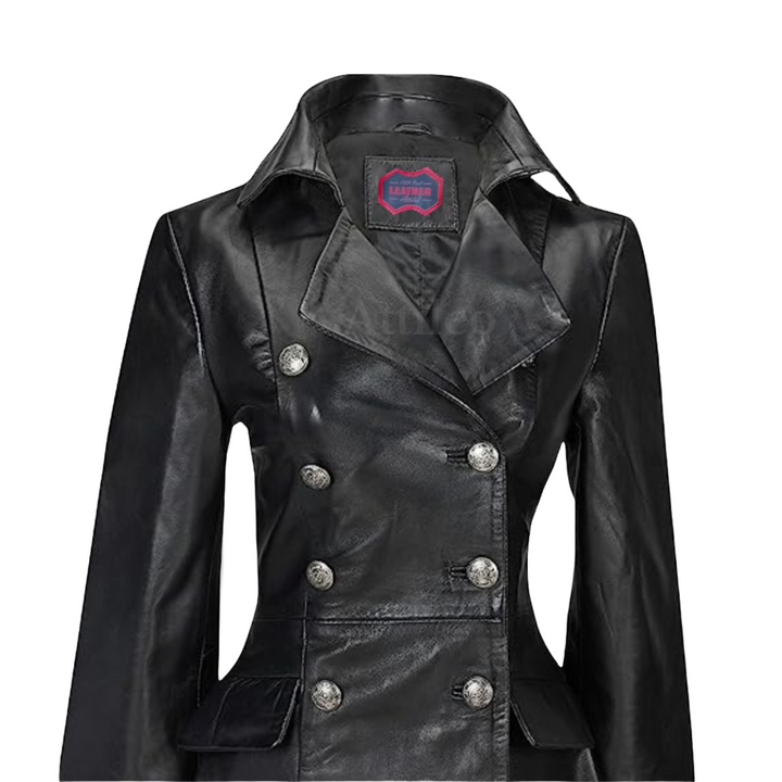 Black Genuine Leather Victorian Trench Leather Coat for Women 