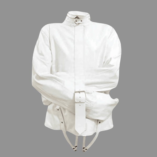 white leather straight jacket,
bondage straight jacket,
fetish straight jacket,
leather restraint jacket,
heavy duty straight jacket,
cosplay straight jacket,
bondage jacket for men,
bondage jacket for women,
unisex straight jacket,
BDSM leather restraints,
fetish bondage gear,
heavy duty bondage restraints,
roleplay leather straight jacket,
secure bondage jacket,
bondage restraint clothing,
straight jacket with straps,
BDSM cosplay outfits,
leather bondage apparel,
buy white leather bondage straight jacket