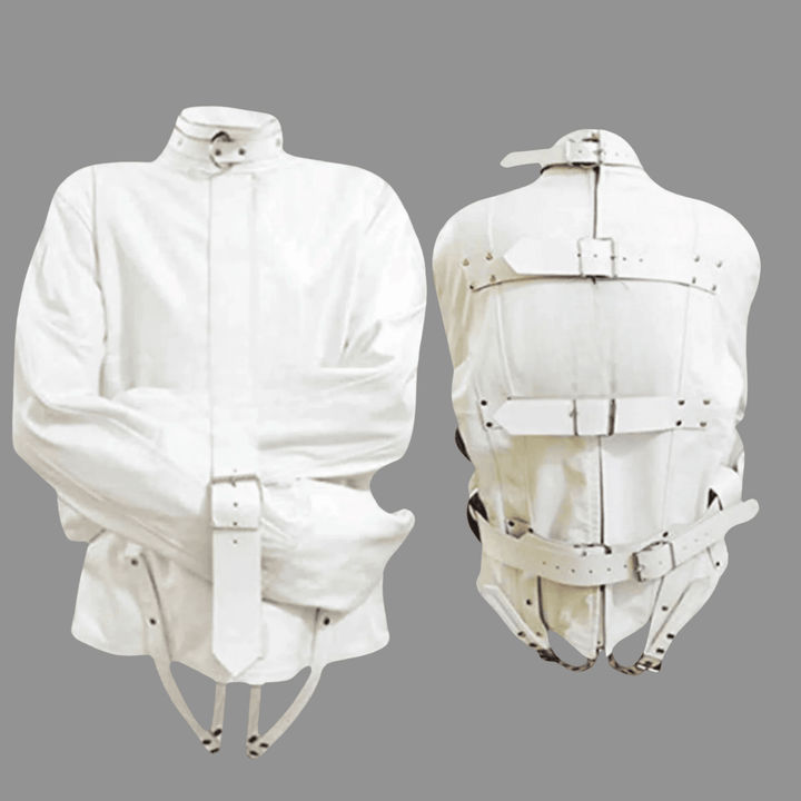 white leather straight jacket,
bondage straight jacket,
fetish straight jacket,
leather restraint jacket,
heavy duty straight jacket,
cosplay straight jacket,
bondage jacket for men,
bondage jacket for women,
unisex straight jacket,
BDSM leather restraints,
fetish bondage gear,
heavy duty bondage restraints,
roleplay leather straight jacket,
secure bondage jacket,
bondage restraint clothing,
straight jacket with straps,
BDSM cosplay outfits,