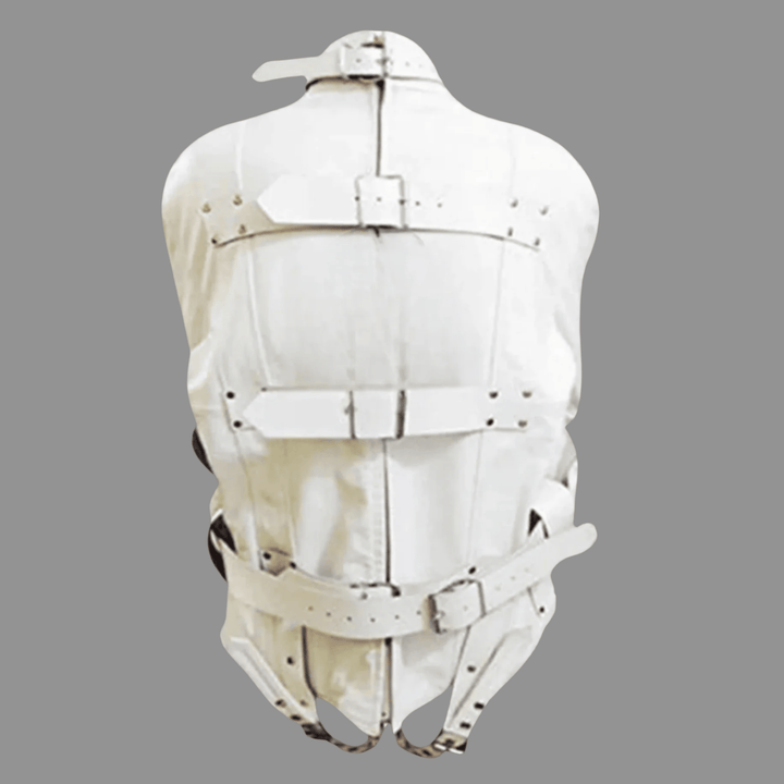 white leather straight jacket,
secure bondage jacket,
bondage restraint clothing,
straight jacket with straps,
BDSM cosplay outfits,
leather bondage apparel,
buy white leather bondage straight jacket online,
heavy duty leather straight jacket for fetish play,
adjustable leather straight jacket with buckles,
durable straight jacket for cosplay and roleplay,
premium quality BDSM leather straight jacket,
best leather bondage gear for roleplay,
fetish cosplay bondage straight jacket costume,