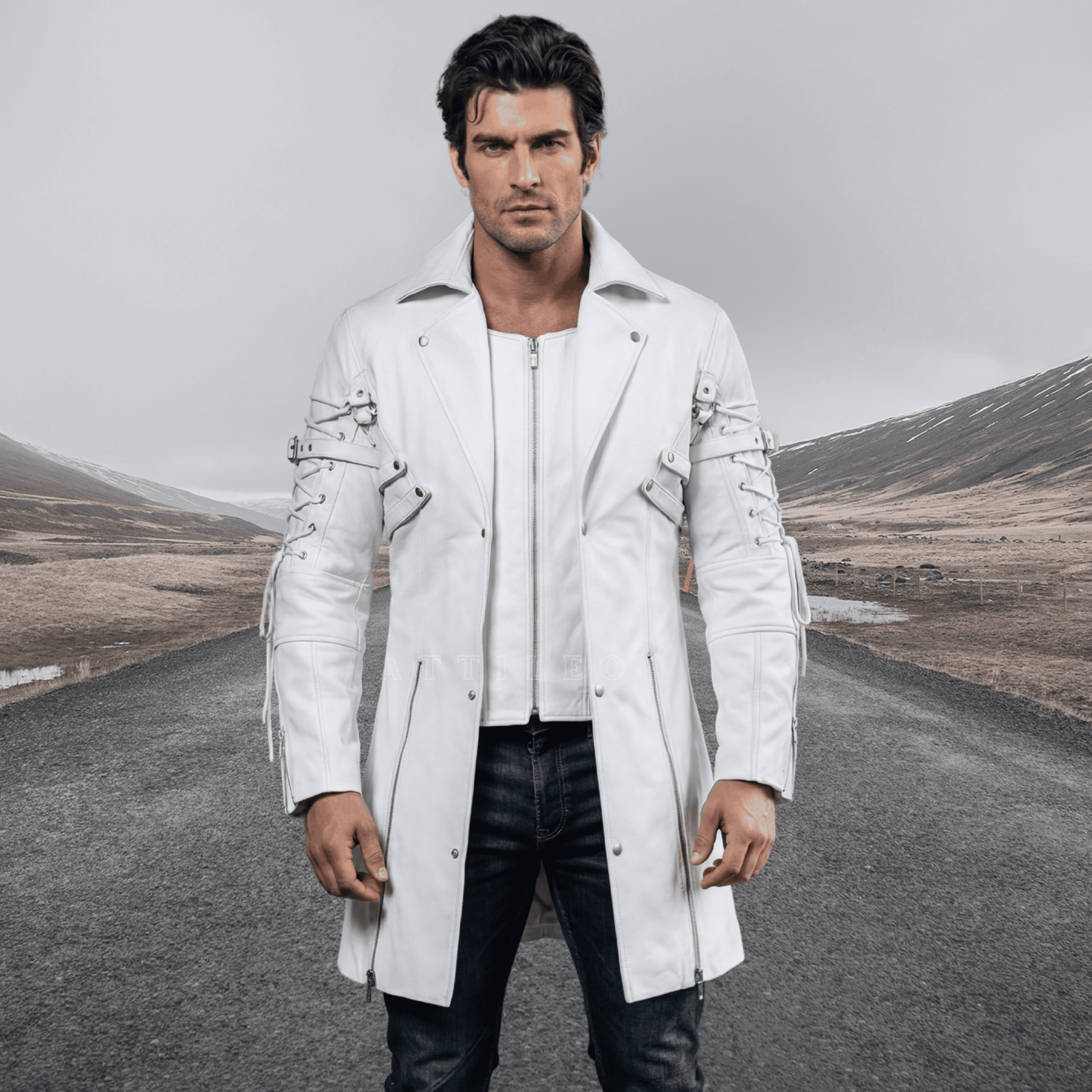Men's White Leather Gothic Trench Coat – Attileo Leather USA