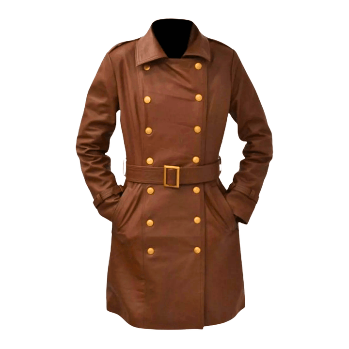 Women's brown leather trench coat,
Brown leather long coat for women,
Double-breasted leather trench women,
Leather coat with belt women,
Vintage leather trench coat,
Stylish women's leather overcoat,
Fall winter women's leather jacket,
Belted brown leather coat female,
Classic trench coat women leather,
Long brown leather coat ladies,
Chic leather trench coat women,
Women’s formal leather outerwear,
Designer leather trench women,
Elegant women's leather jacket
