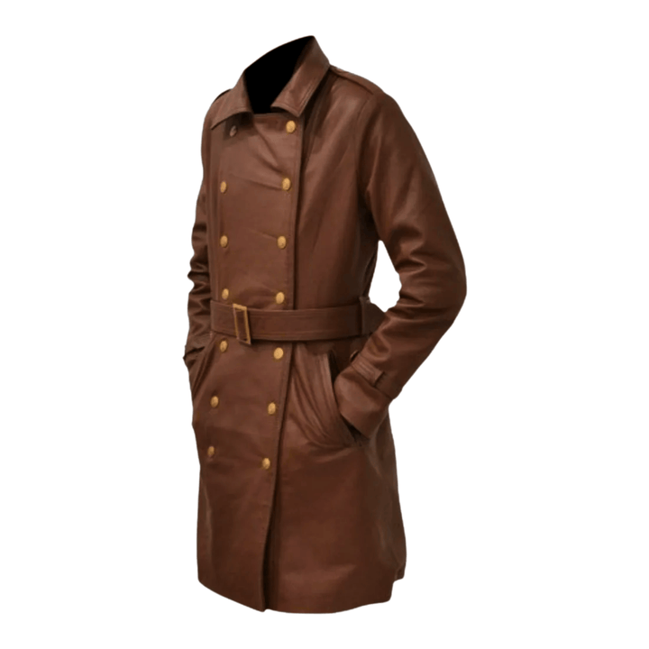 Women's brown leather trench coat,
Brown leather long coat for women,
Double-breasted leather trench women,
Leather coat with belt women,
Vintage leather trench coat,
Stylish women's leather overcoat,
Fall winter women's leather jacket,
Belted brown leather coat female,
Classic trench coat women leather,
Long brown leather coat ladies,
Chic leather trench coat women,
Women’s formal leather outerwear,
Designer leather trench women,
Elegant women's leather jacket