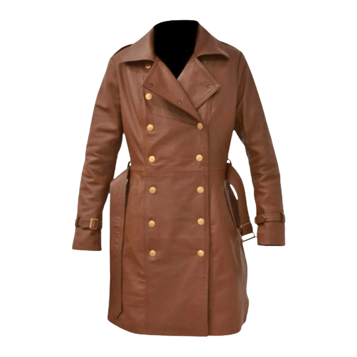 Women's brown leather trench coat,
Brown leather long coat for women,
Double-breasted leather trench women,
Leather coat with belt women,
Vintage leather trench coat,
Stylish women's leather overcoat,
Fall winter women's leather jacket,
Belted brown leather coat female,
Classic trench coat women leather,
Long brown leather coat ladies,
Chic leather trench coat women,
Women’s formal leather outerwear,
Designer leather trench women,
Elegant women's leather jacket,