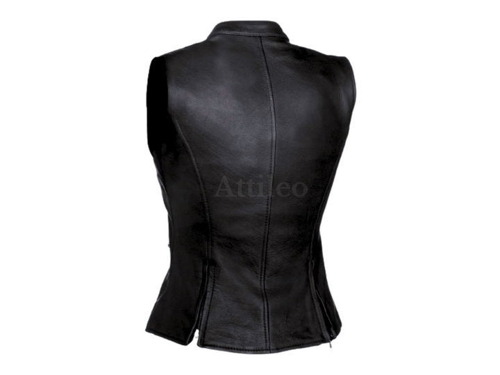 Women Leather Open Sides Banded Collar Casual Party Wear Leather Vest - Attileo Handmade Adult Leather Products