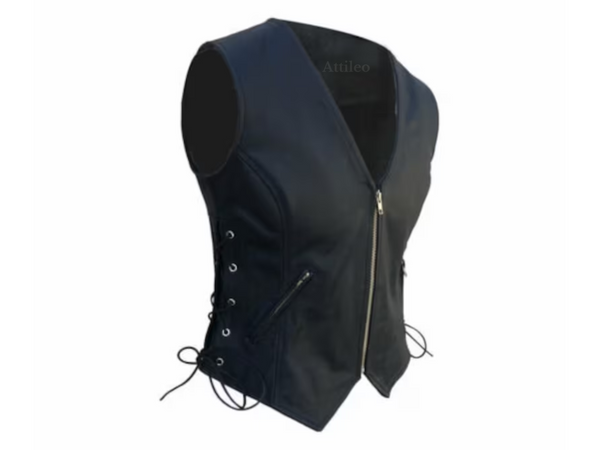 Women Handmade Black Leather Open Sides Collarless Casual Party Wear Textured Leather Vest - Attileo Handmade Adult Leather Products