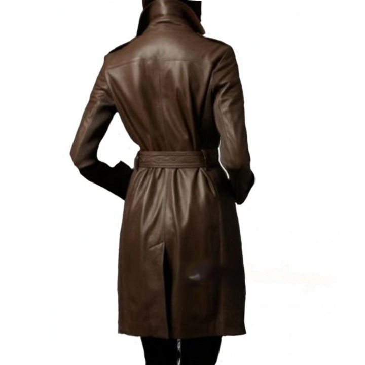 Women Brown Genuine Leather Trench Long Coat