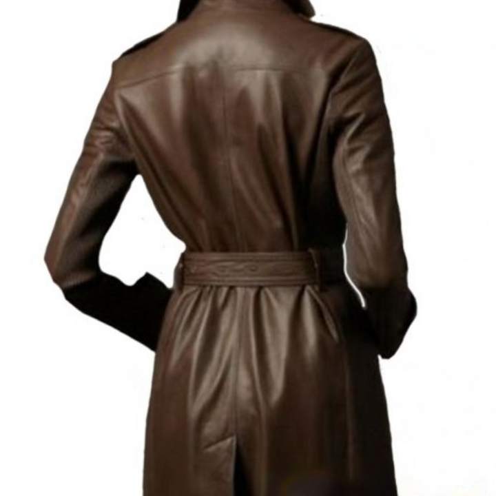 Women Brown Genuine Leather Trench Long Coat