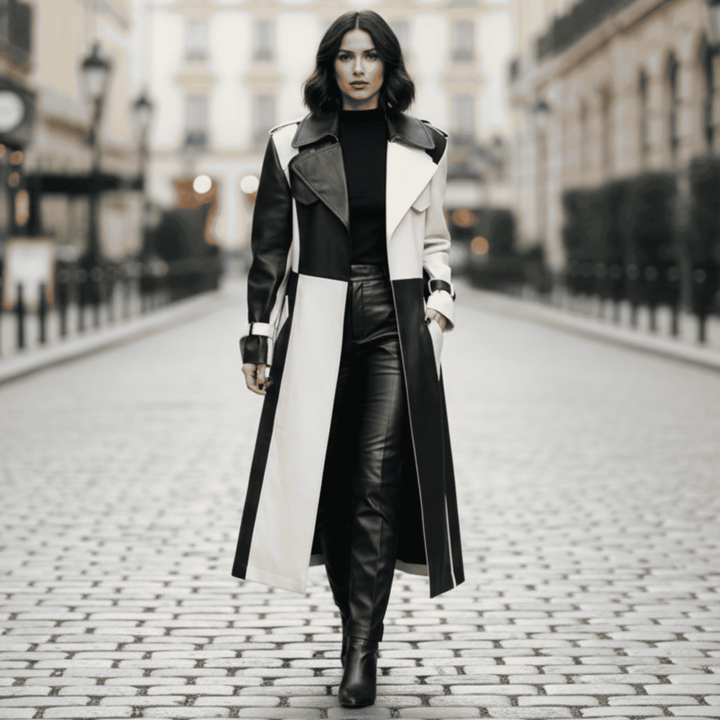 Women's Black & White Leather Trench Coat – Attileo Leather USA