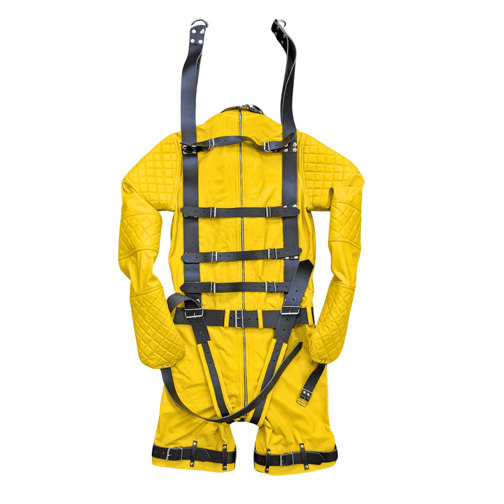 bdsm roleplay outfit,
bondage clothing for men,
fetishwear leather,
erotic bondage jacket,
yellow leather bondage straitjacket and shorts set,
custom made leather straitjacket for fetish play,
handmade bondage straitjacket with harness straps,
premium leather bdsm restraint outfit for men,
fetish bondage gear full set with shorts,
genuine leather straitjacket with padded sleeves,
leather bdsm suit for extreme bondage,
custom size fetish leather bondage suit,
leather straitjacket harness outfit for men,